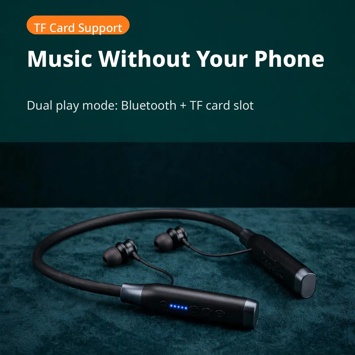 Hoco ES62 TF card card on a dark-teal backdrop — Music Without Your Phone. Dual play mode: Bluetooth + TF card slot. TF Card Support.