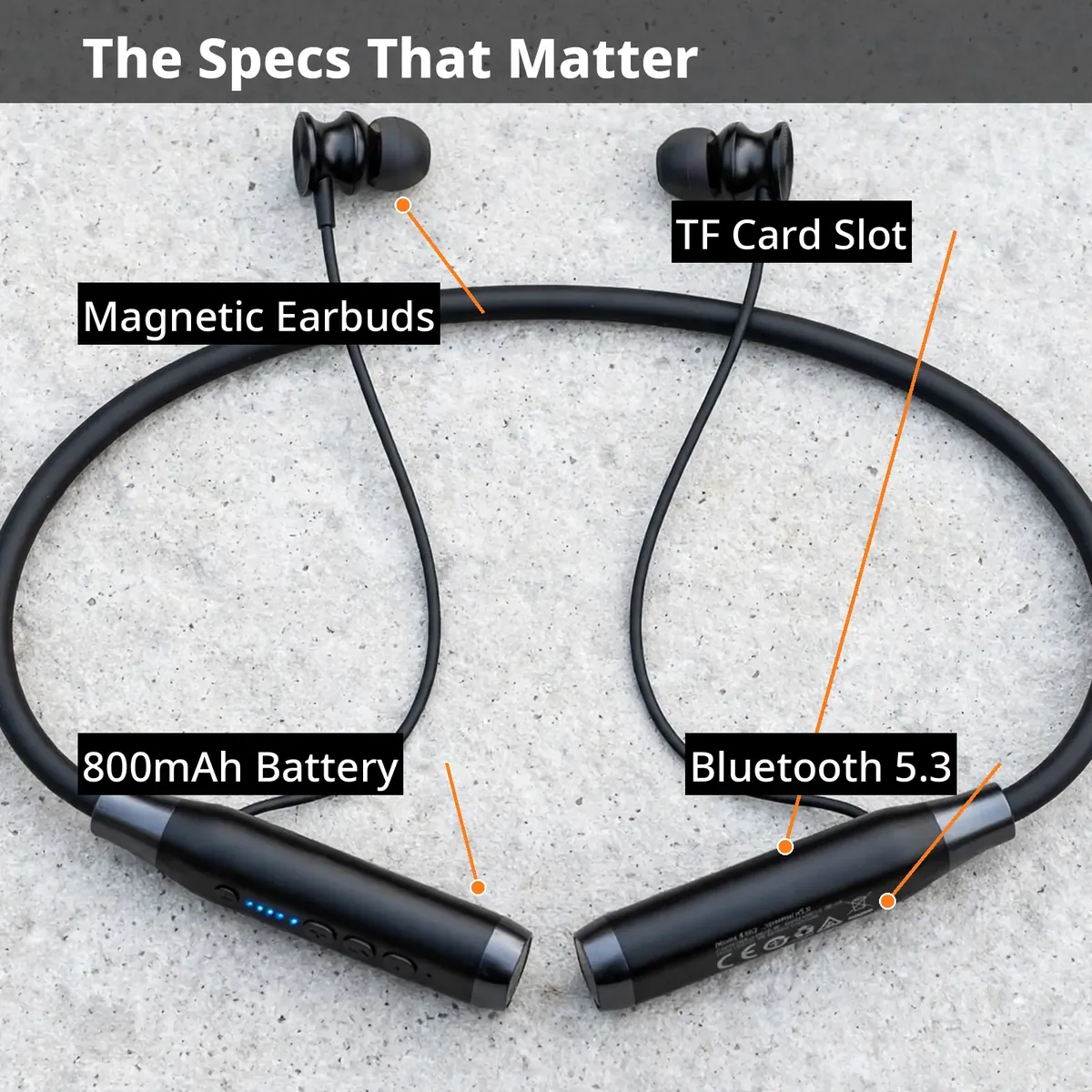 Hoco ES62 specs infographic — The Specs That Matter, with callouts for magnetic earbuds, TF card slot, 800mAh battery, Bluetooth 5.3. Illustrative reconstruction.