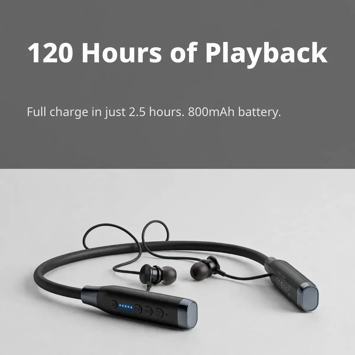 Hoco ES62 battery infographic — 120 Hours of Playback. Full charge in just 2.5 hours. 800mAh battery.
