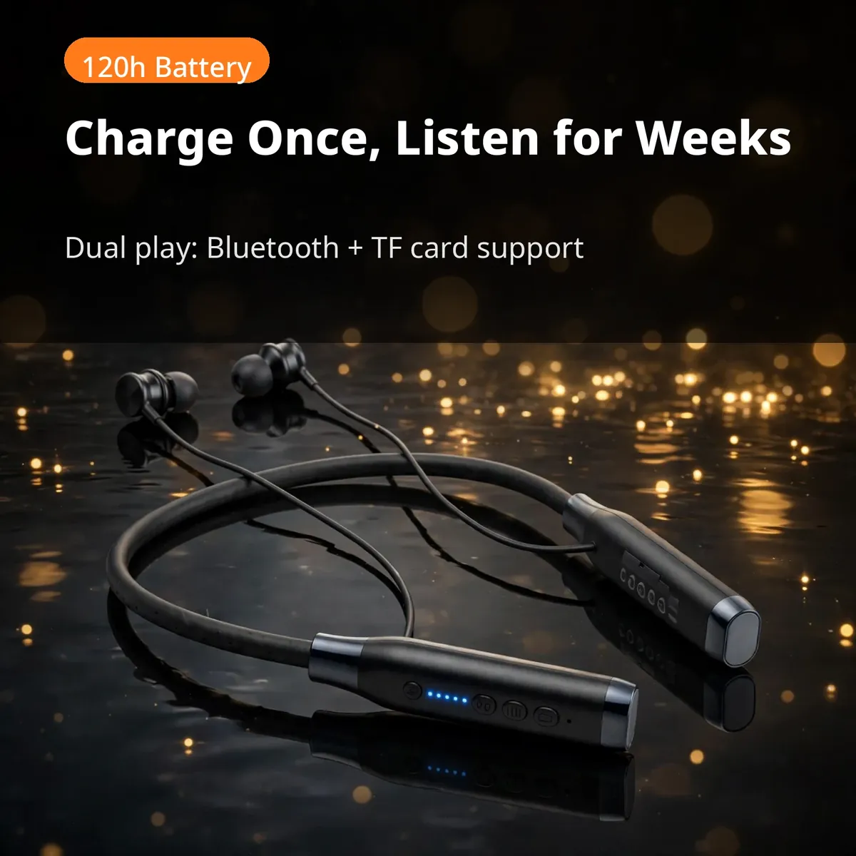 Hoco ES62 promo hero — Charge Once, Listen for Weeks. Dual play: Bluetooth + TF card support. 120h Battery.
