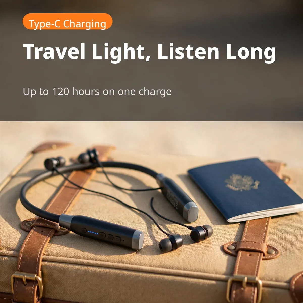 Hoco ES62 travel promo — Travel Light, Listen Long. Up to 120 hours on one charge. Type-C Charging.