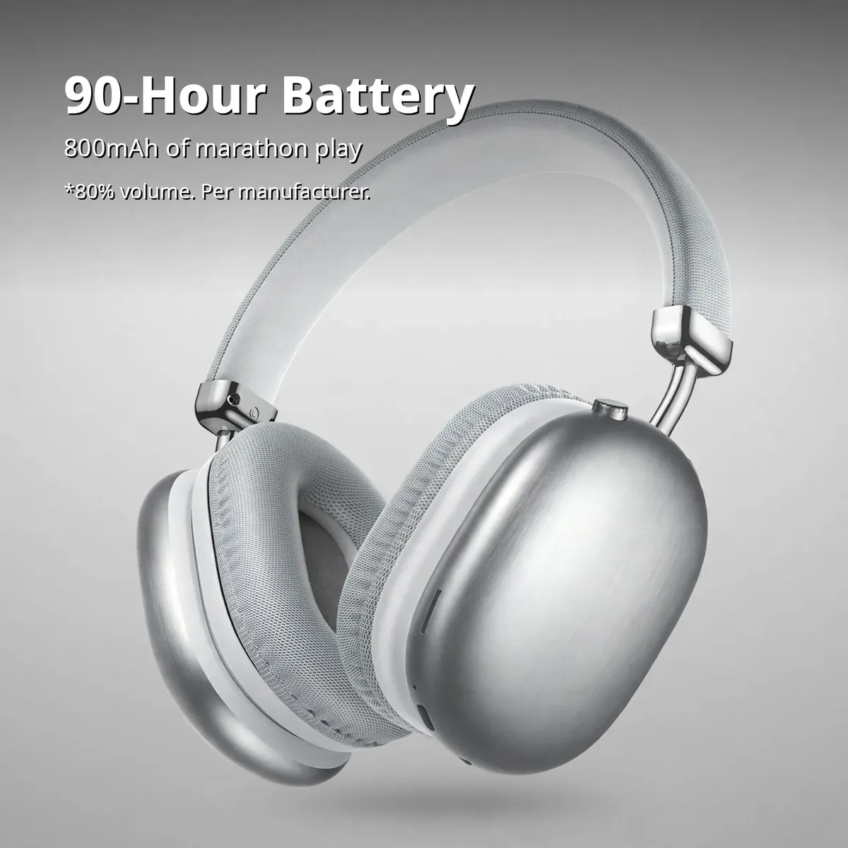 Hoco W35 Max battery feature card — floating silver headphones on a light-silver backdrop. 90-Hour Battery. 800mAh of marathon play, at 80% volume per manufacturer.
