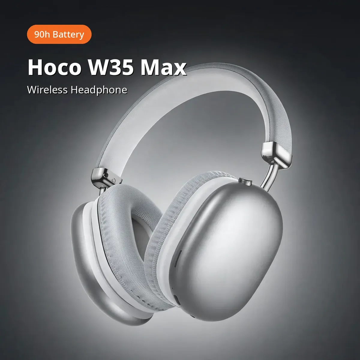Hoco W35 Max promo hero on a dark backdrop — 90h Battery chip. Hoco W35 Max Wireless Headphone.