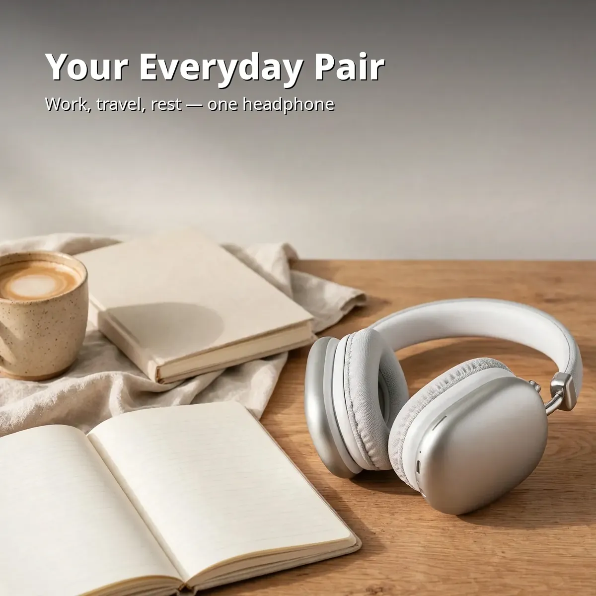 Hoco W35 Max promo — silver headphones on a wooden desk beside a notebook and coffee. Your Everyday Pair. Work, travel, rest — one headphone.