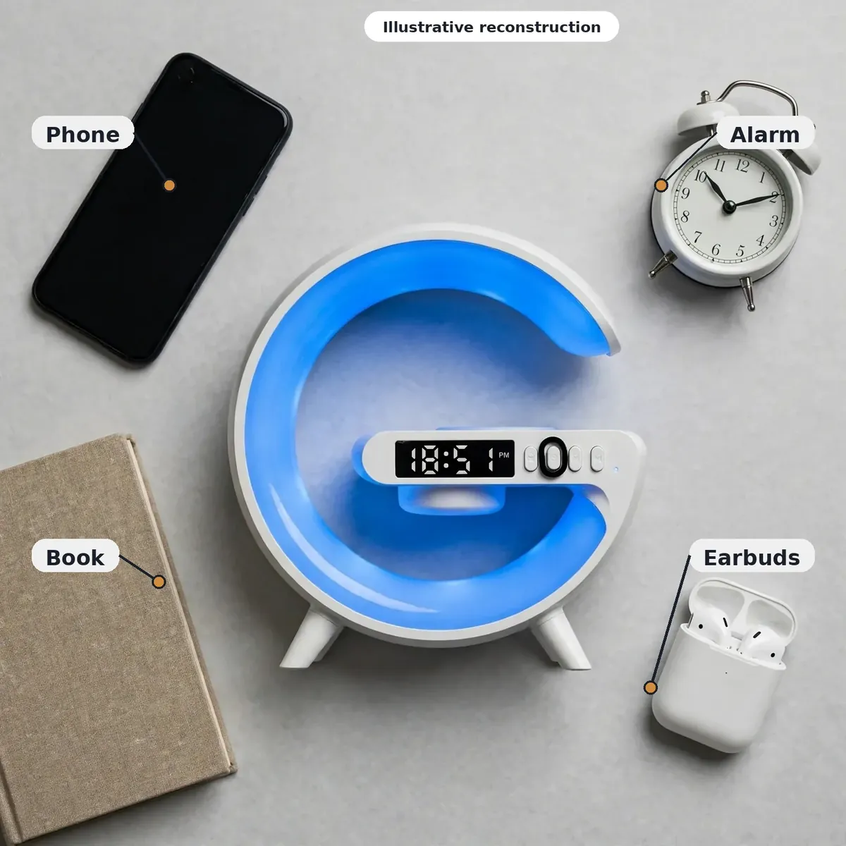 G63 rgb speaker uses infographic — nightstand flat-lay: phone, book, alarm, earbuds. Illustrative reconstruction.