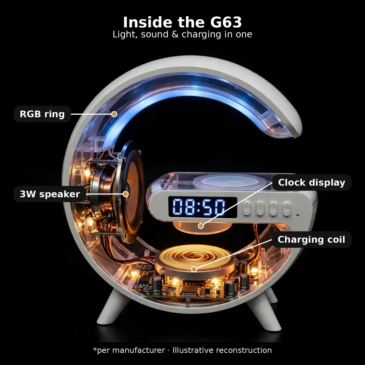 G63 rgb speaker x-ray hero — Inside the G63: light, sound and charging in one. RGB ring, 3W speaker, clock display, charging coil. Per manufacturer, illustrative reconstruction.