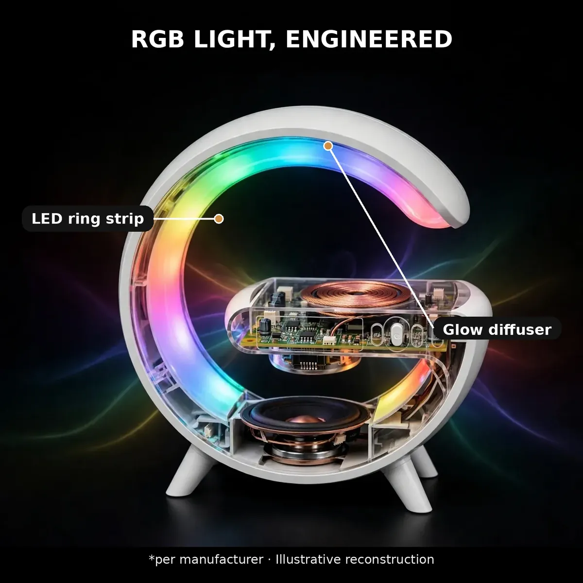 G63 rgb speaker x-ray light close-up — RGB Light, Engineered. LED ring strip, glow diffuser. Per manufacturer, illustrative reconstruction.
