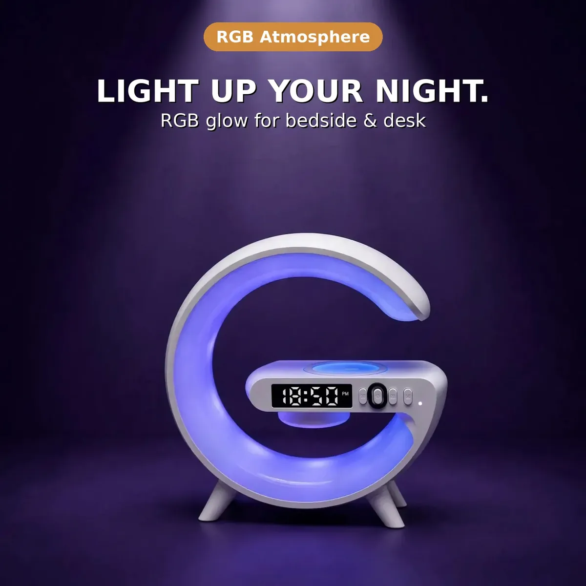 G63 rgb speaker promo — Light Up Your Night. RGB glow for bedside and desk. RGB Atmosphere chip.