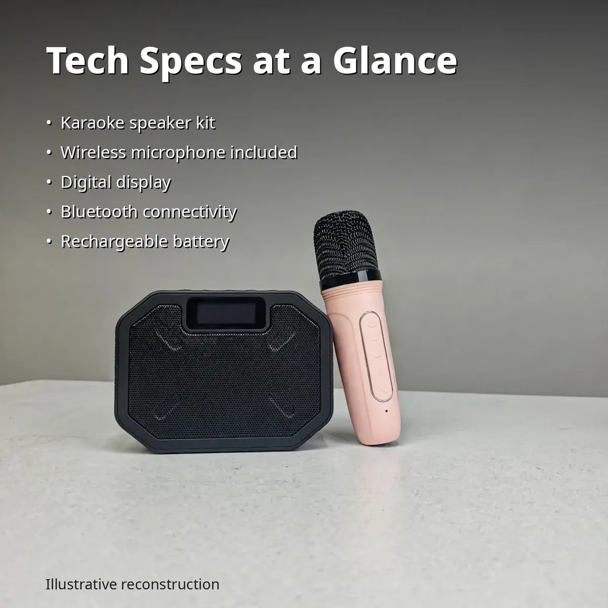 P3 karaoke speaker specs infographic — Tech Specs at a Glance: karaoke speaker kit, wireless microphone included, digital display, Bluetooth connectivity, rechargeable battery. Illustrative reconstruction.
