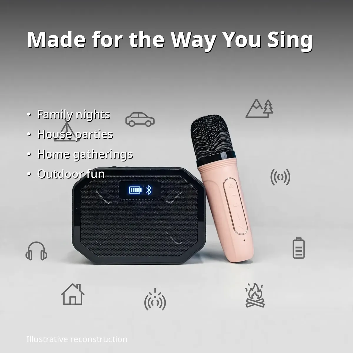 P3 karaoke speaker use-cases infographic — Made for the Way You Sing: family nights, house parties, home gatherings, outdoor fun. Illustrative reconstruction.
