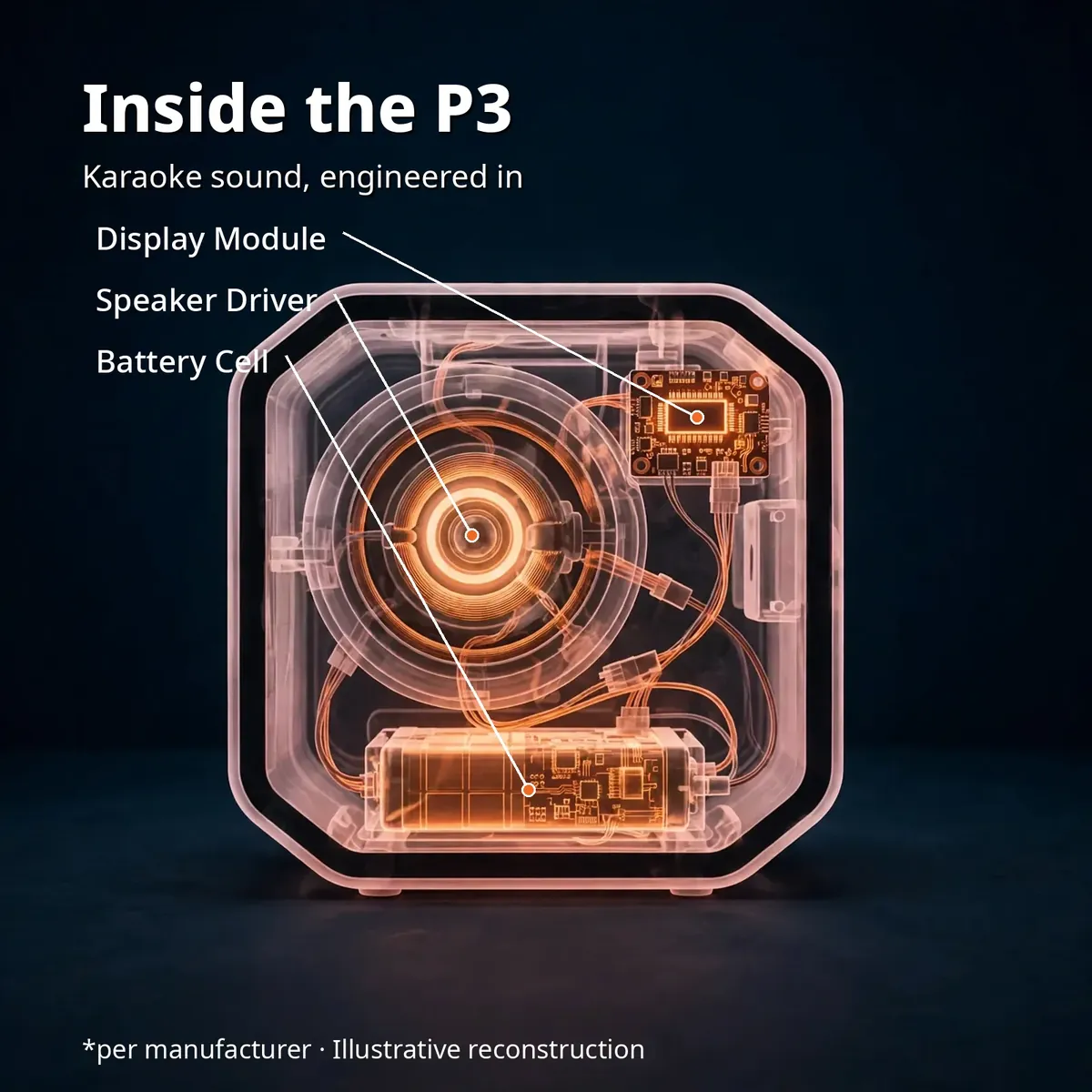 P3 karaoke speaker x-ray hero — Inside the P3: karaoke sound, engineered in. Display module, speaker driver, battery cell. Per manufacturer, illustrative reconstruction.