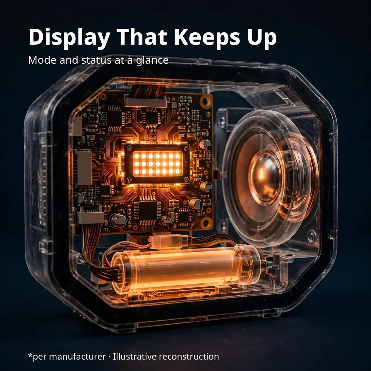 P3 karaoke speaker display x-ray close-up — Display That Keeps Up. Mode and status at a glance. Per manufacturer, illustrative reconstruction.