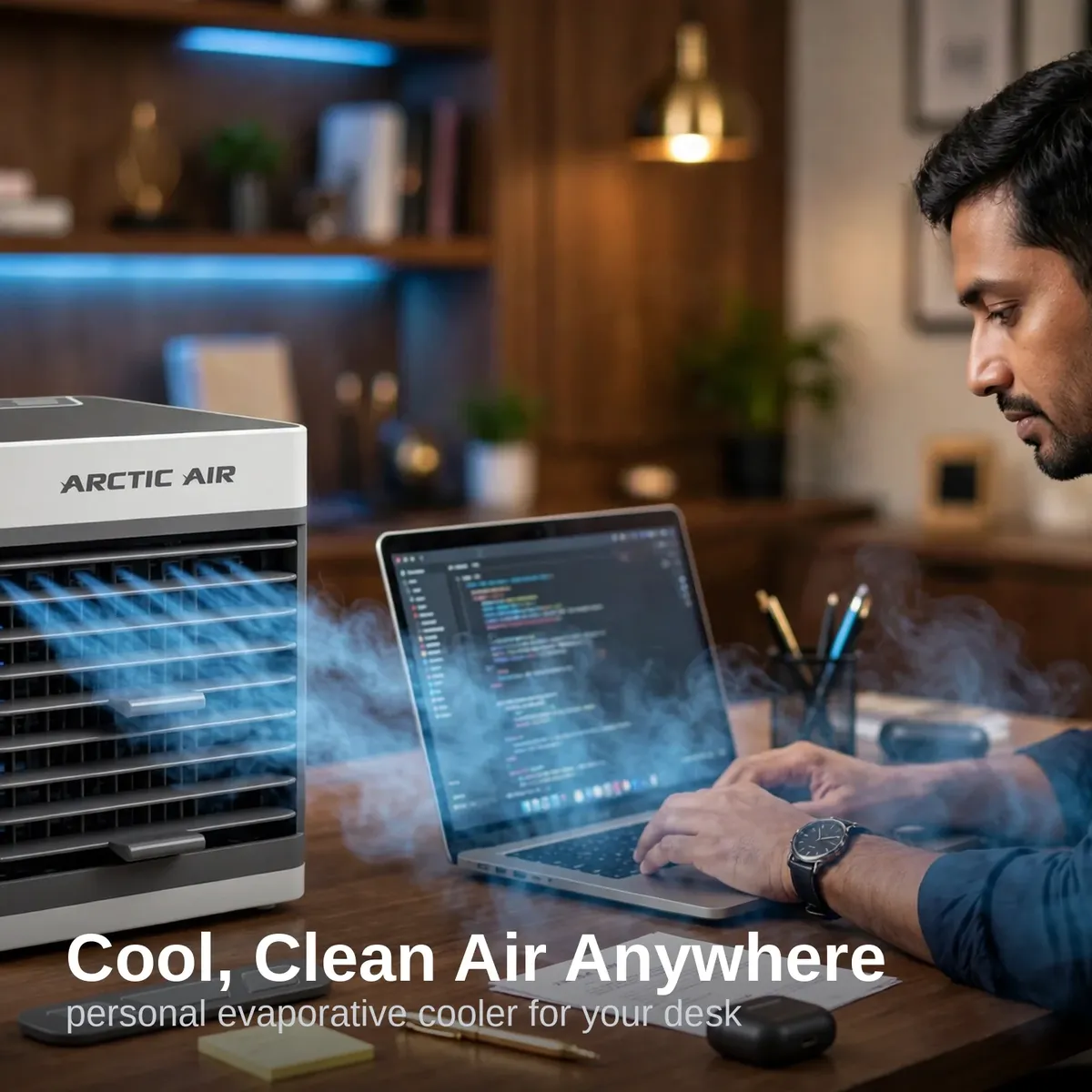 Arctic Air Ultra evaporative air cooler on a desk