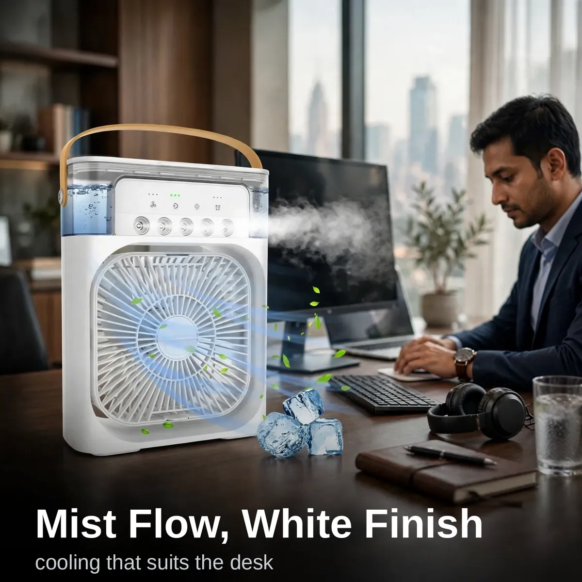 GearUP air cooler mist flow fan cooling an office desk