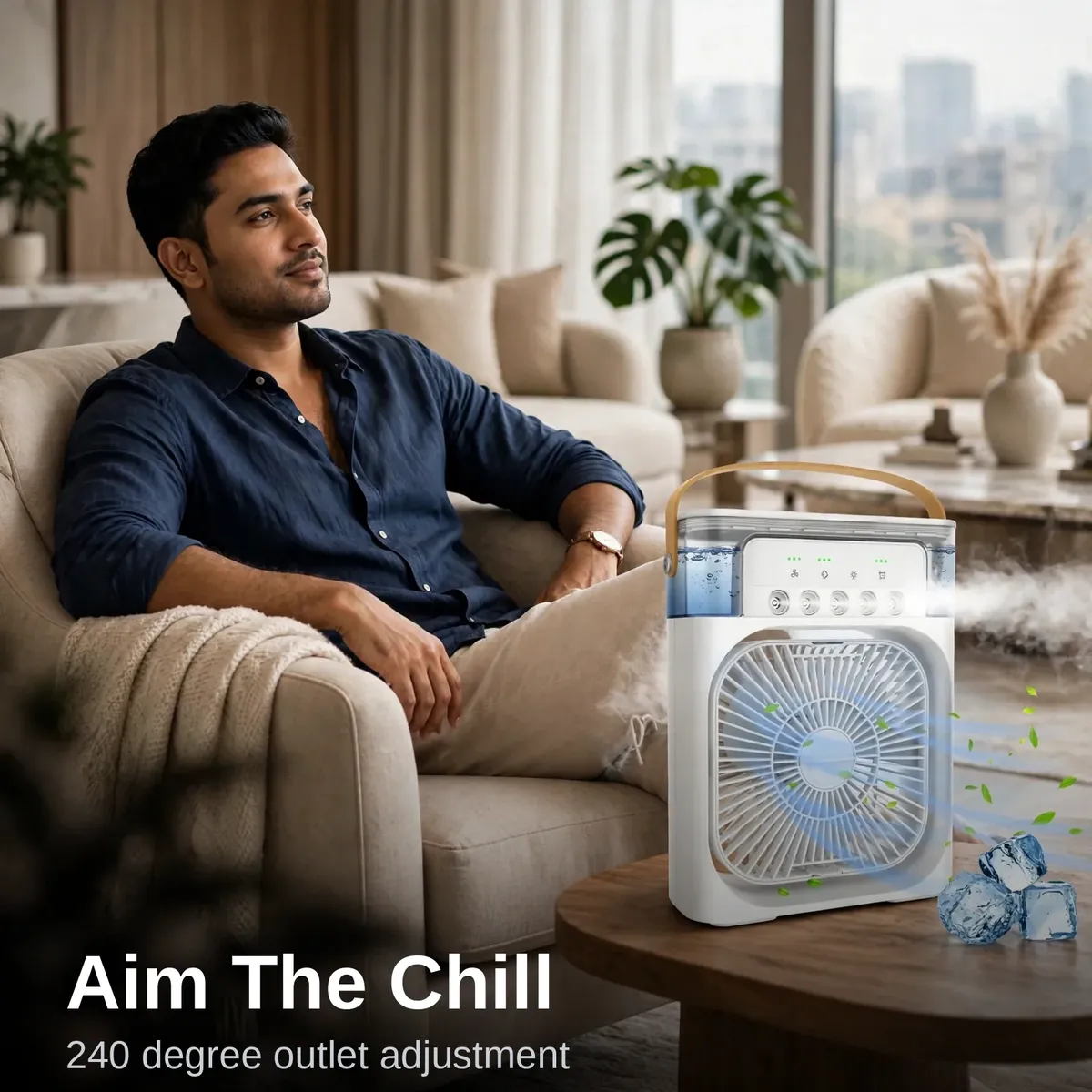 GearUP air cooler mist flow in a living room