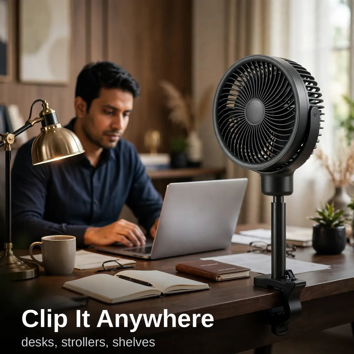 XUNDD XDOT-063 clip fan clipped to an office desk