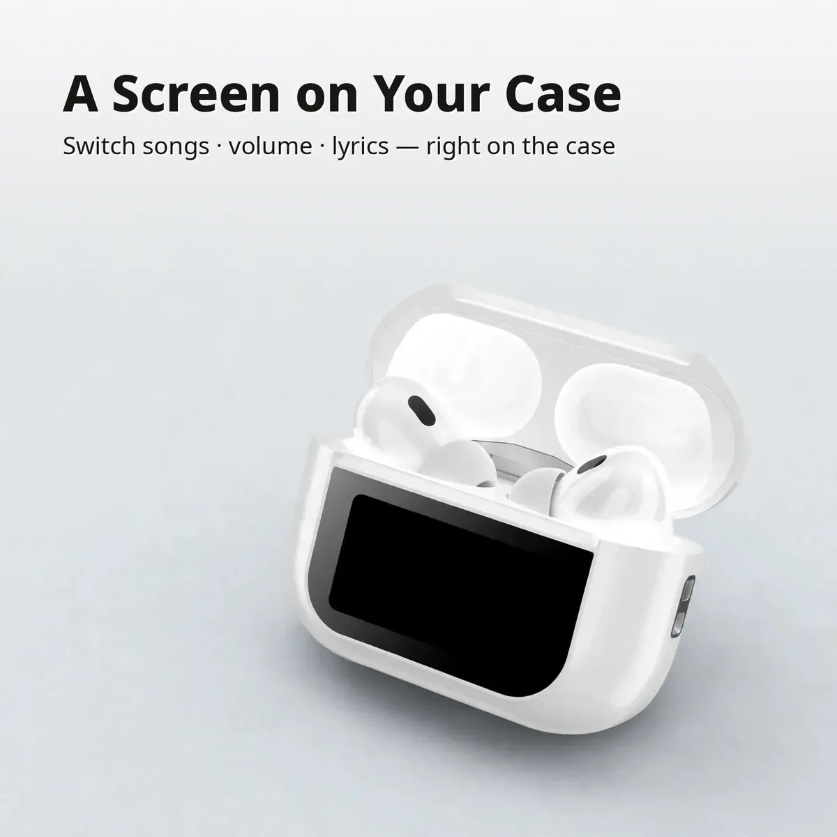 WT-2 smart-case feature card showing the white earbuds and open charging case on a light backdrop — A Screen on Your Case. Switch songs, volume, lyrics — right on the case.