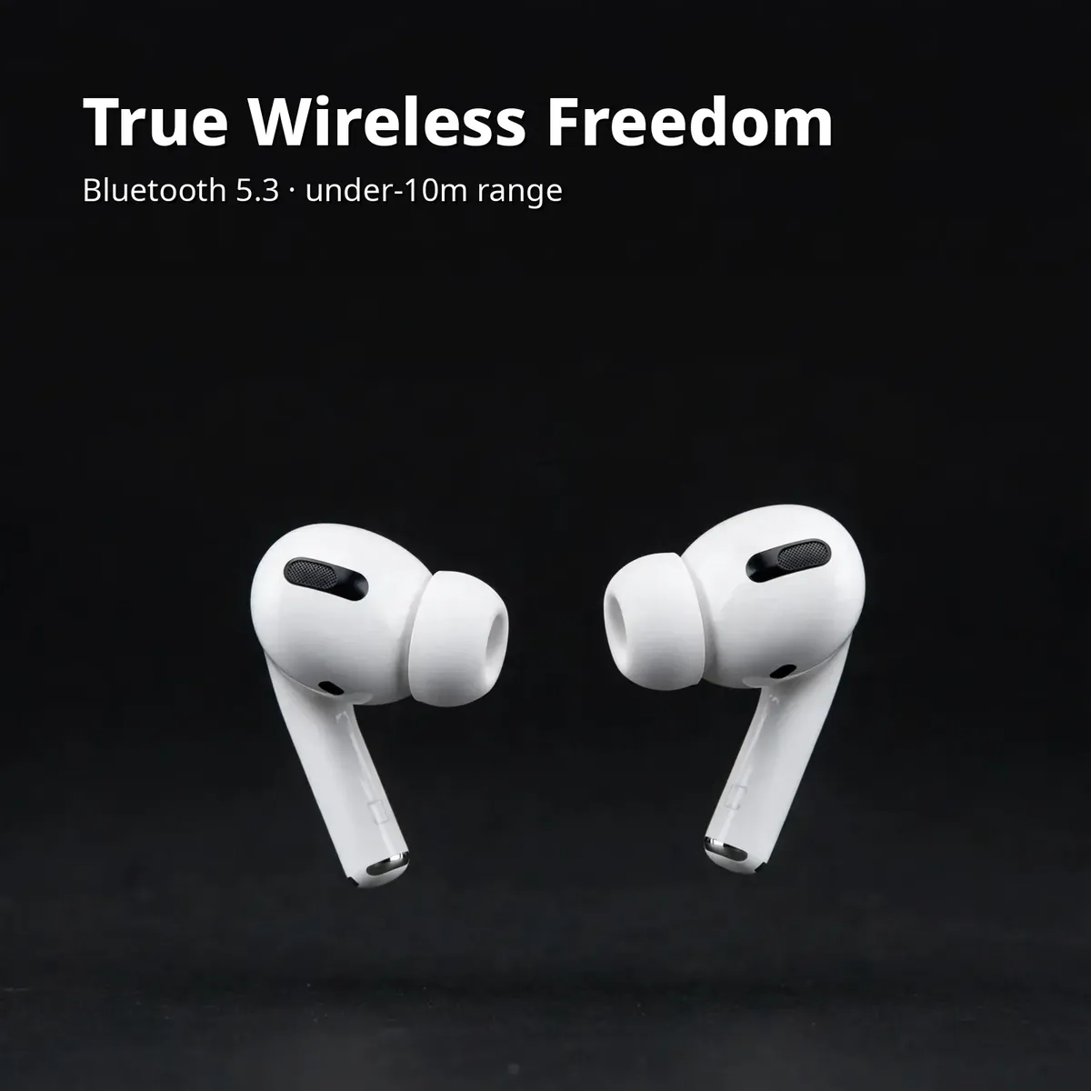WT-2 wireless card with the white earbuds floating on a dark backdrop — True Wireless Freedom. Bluetooth 5.3, under-10m range.