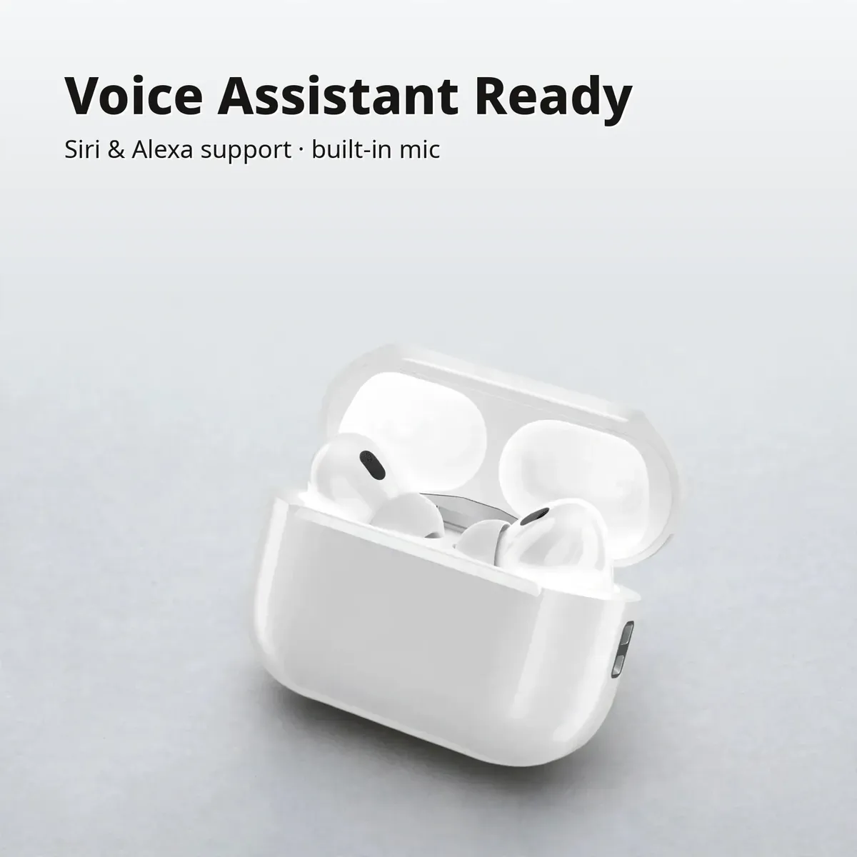 WT-2 voice-assistant card with the white earbuds and open case on a light-grey backdrop — Voice Assistant Ready. Siri and Alexa support, built-in mic.