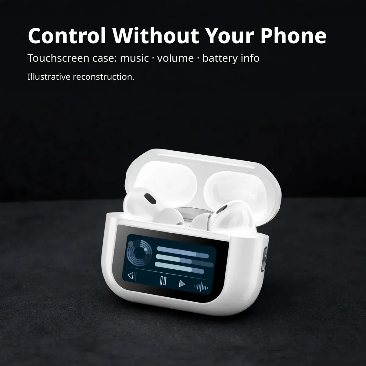 WT-2 case UI infographic on a dark bench — Control Without Your Phone. Touchscreen case: music, volume, battery info. Illustrative reconstruction.