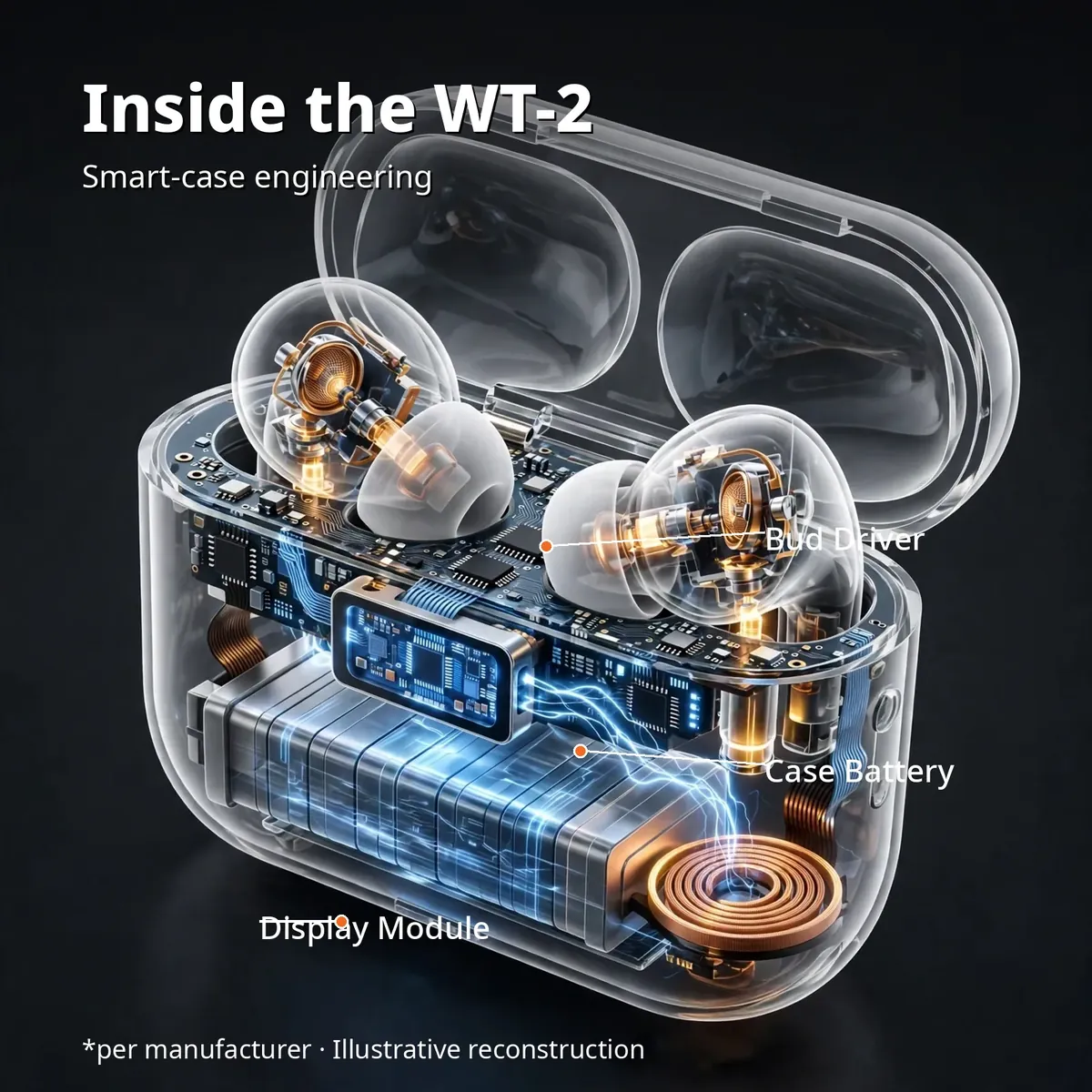 WT-2 x-ray cutaway with leader-line callouts — Inside the WT-2. Smart-case engineering: bud driver, case battery, display module. Illustrative reconstruction.