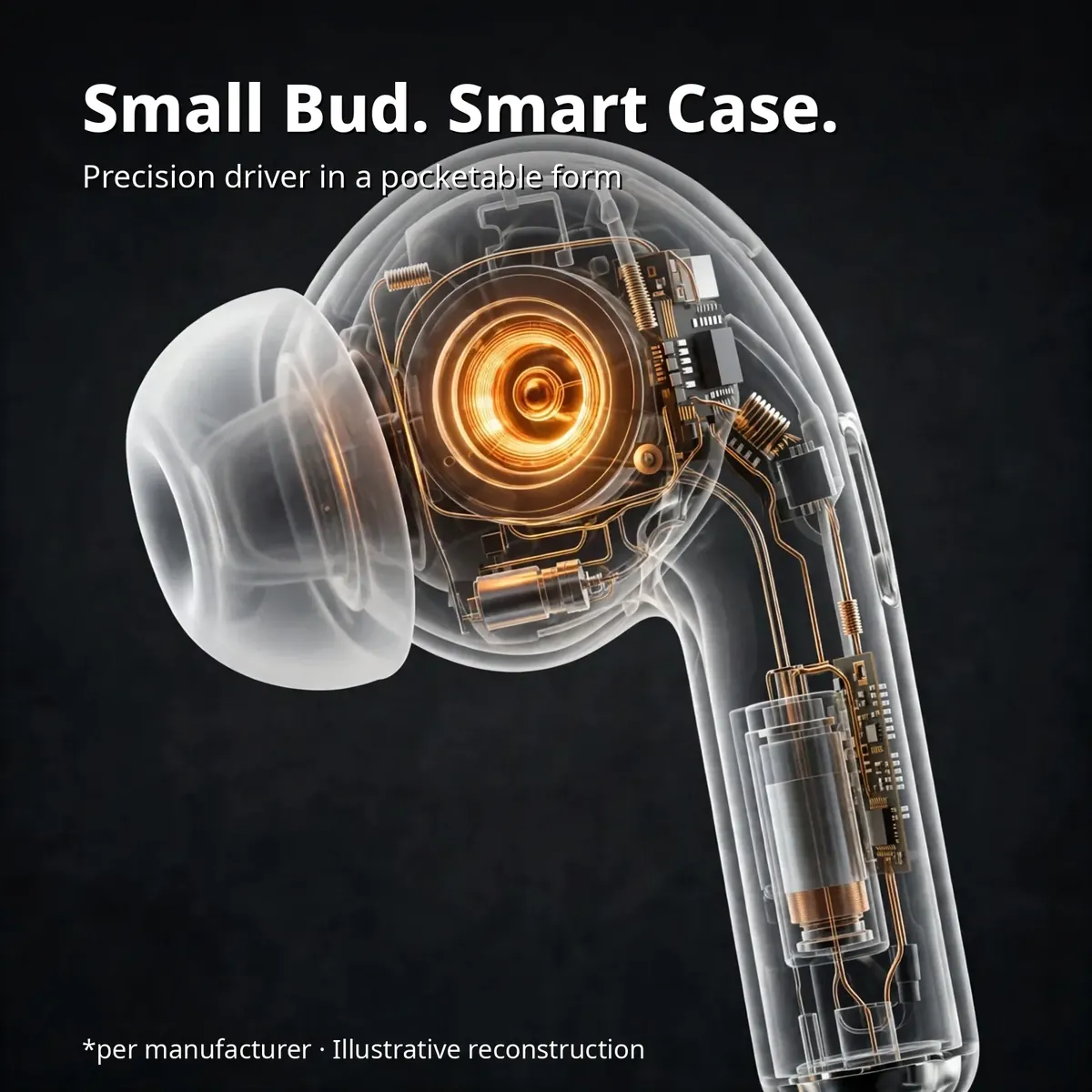 WT-2 bud x-ray close-up — Small Bud. Smart Case. Precision driver in a pocketable form. Illustrative reconstruction.