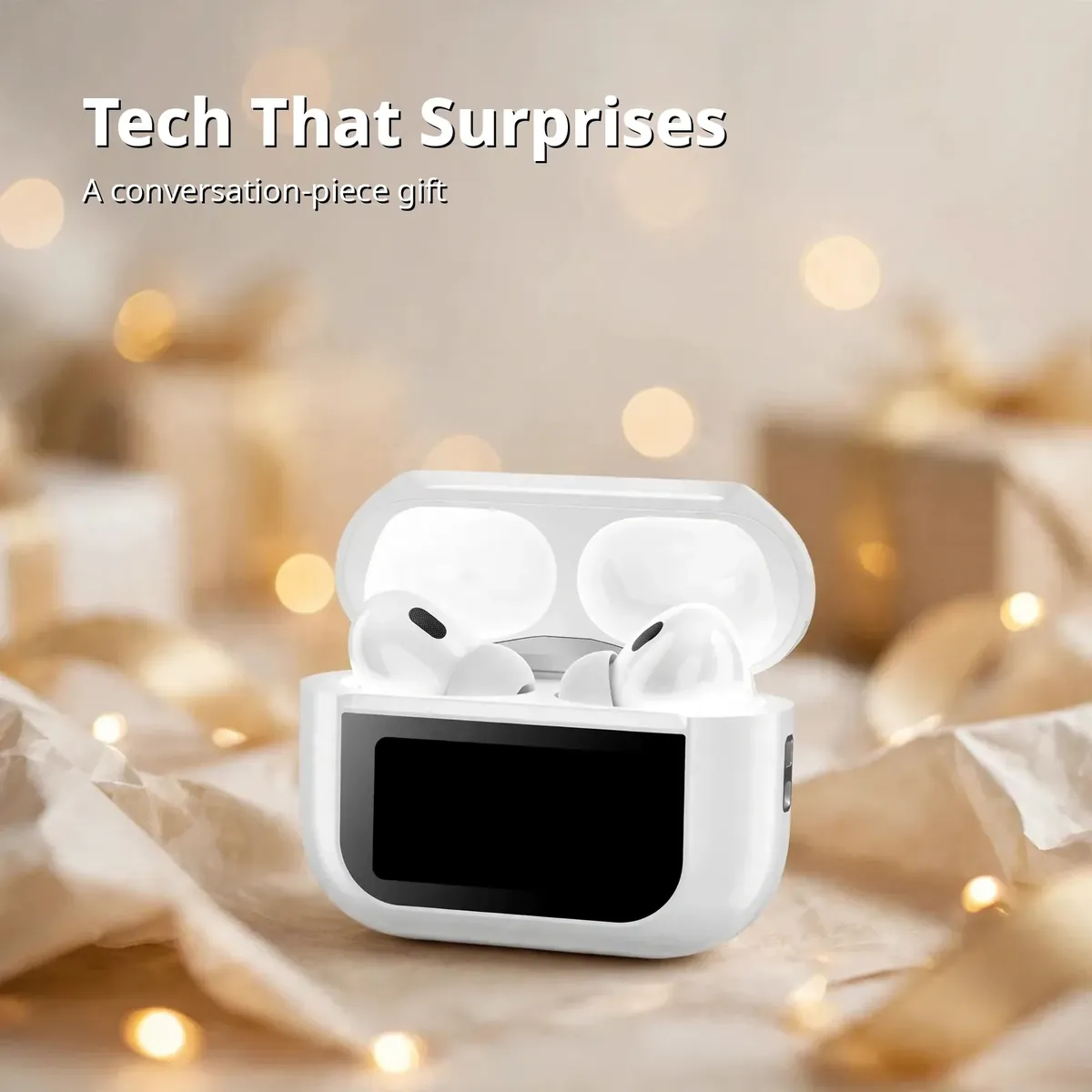 WT-2 gift promo on a premium backdrop — Tech That Surprises. A conversation-piece gift.