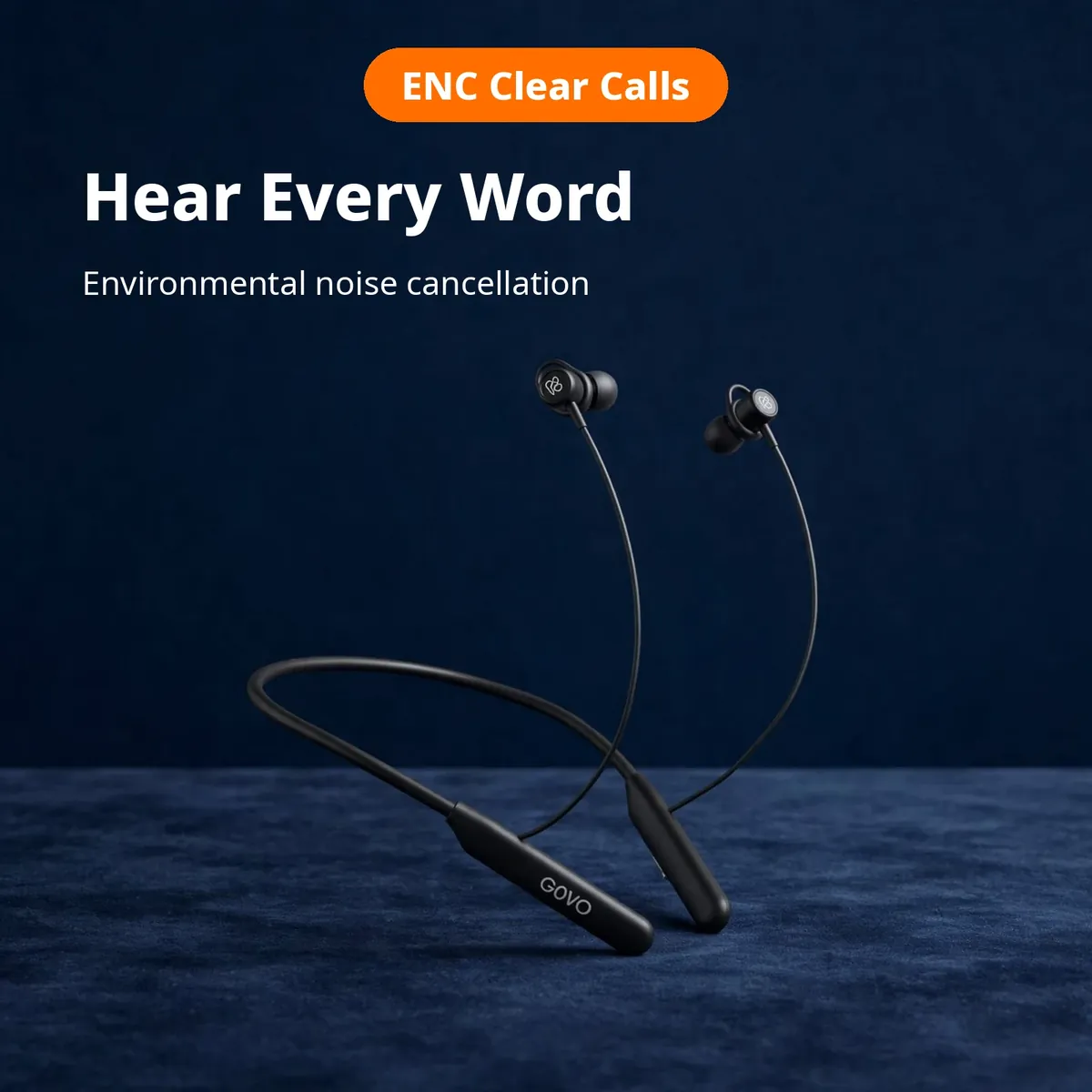 GOVO GoKixx 621 feature card on a dark backdrop — Hear Every Word. Environmental noise cancellation with the ENC Clear Calls chip.