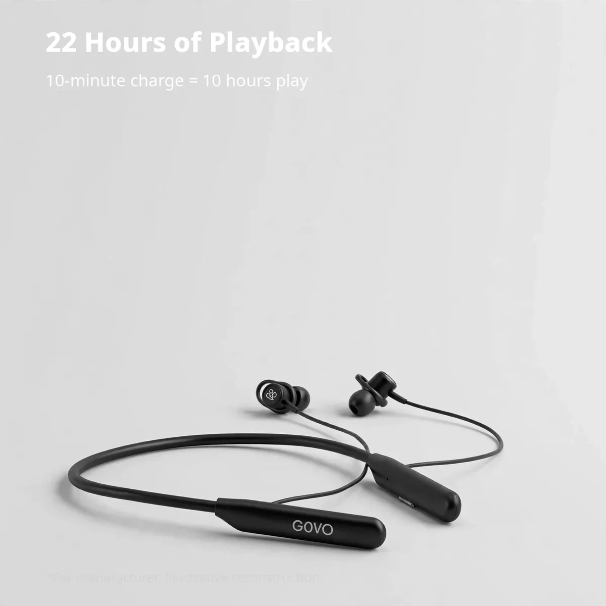 GOVO GoKixx 621 battery infographic — 22 Hours of Playback. 10-minute charge = 10 hours play. Illustrative reconstruction.