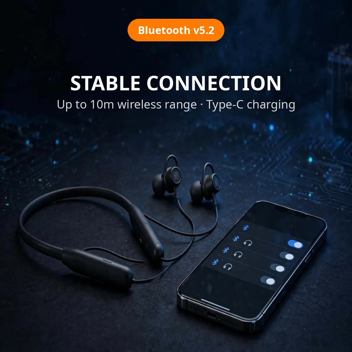 GOVO GoKixx 621 connection card — Stable Connection. Bluetooth v5.2, up to 10m wireless range, Type-C charging.