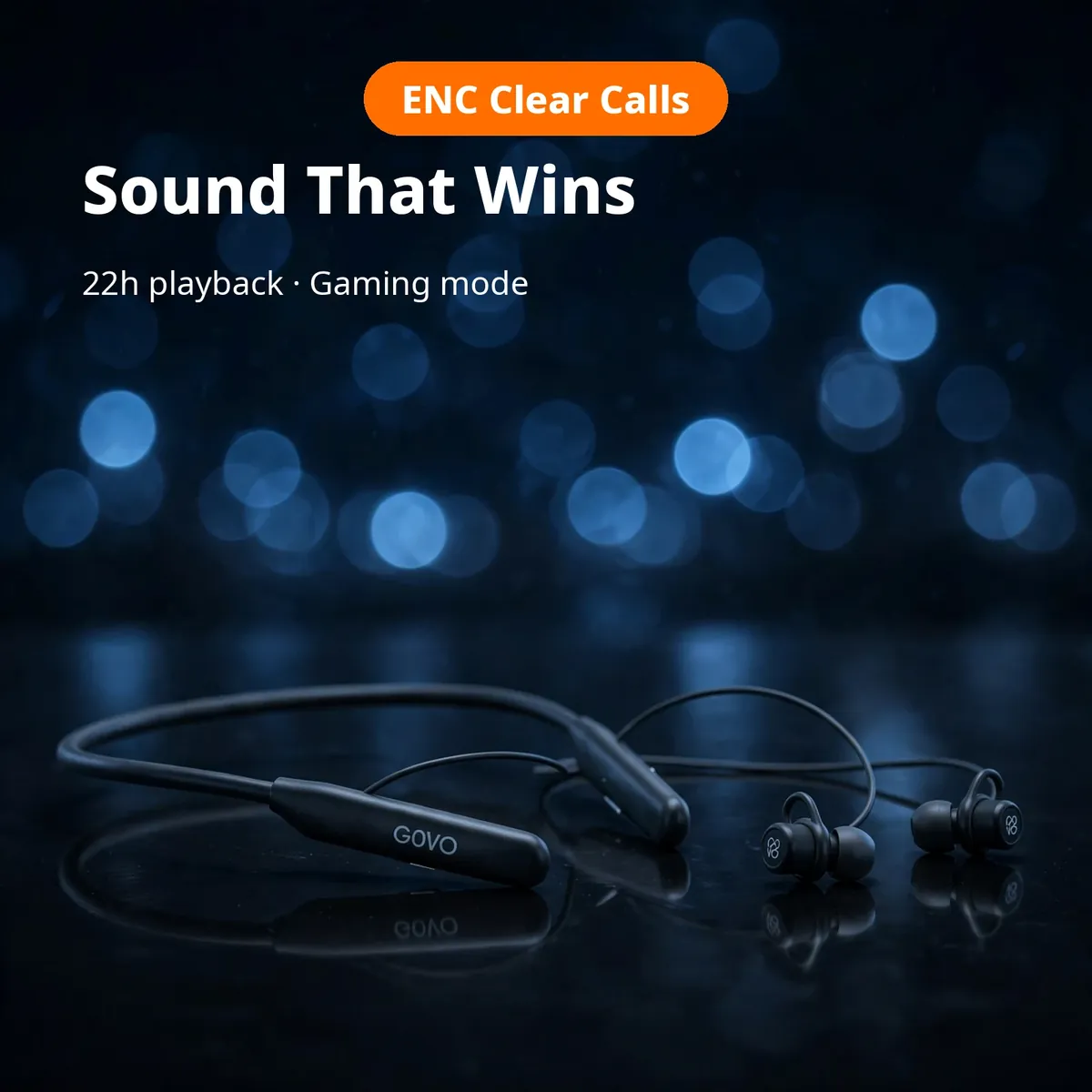 GOVO GoKixx 621 promo hero on a dark backdrop — Sound That Wins. ENC Clear Calls chip, 22h playback, Gaming mode.