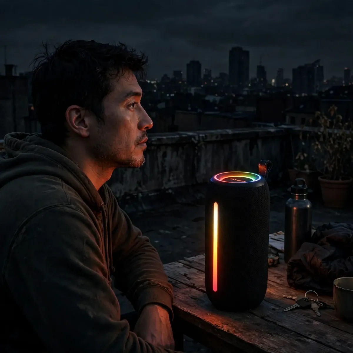 Awei Y788 portable Bluetooth speaker with RGB lights glowing on a rooftop at night