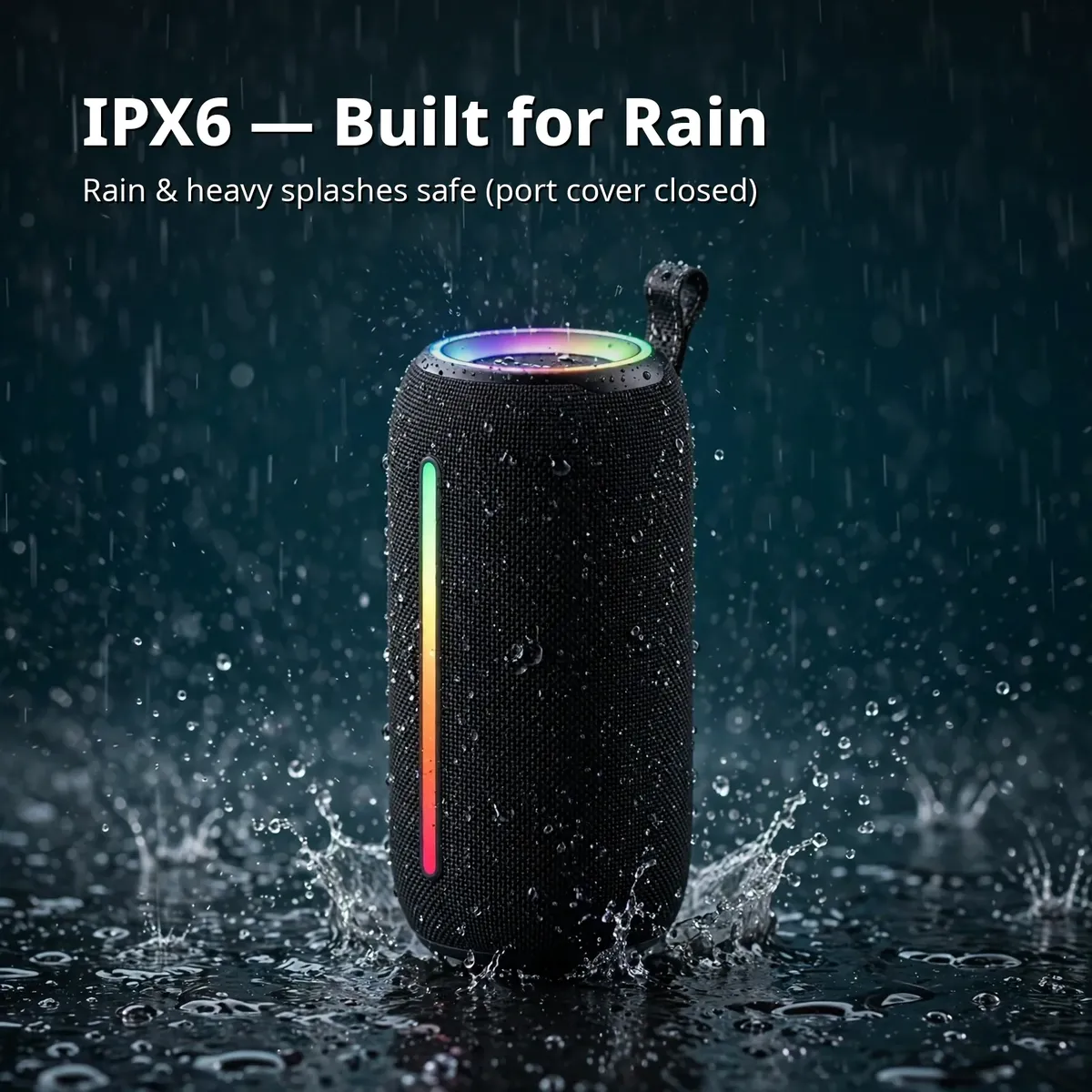 Awei Y788 IPX6 built for rain card showing the speaker in heavy rain
