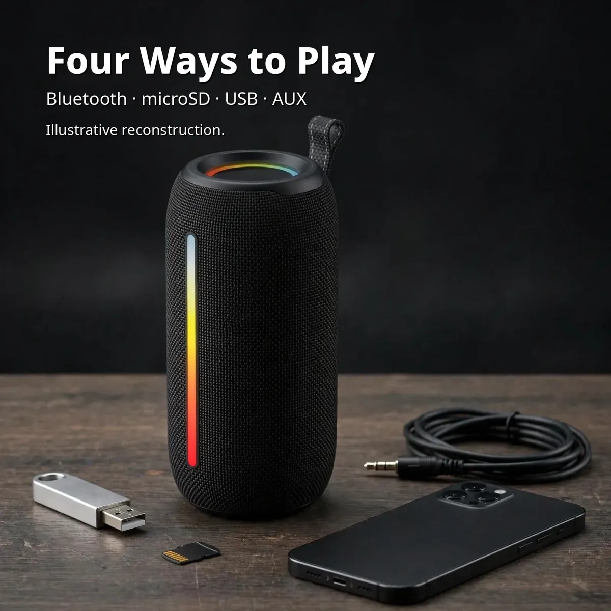 Awei Y788 four ways to play card showing Bluetooth microSD USB and AUX inputs