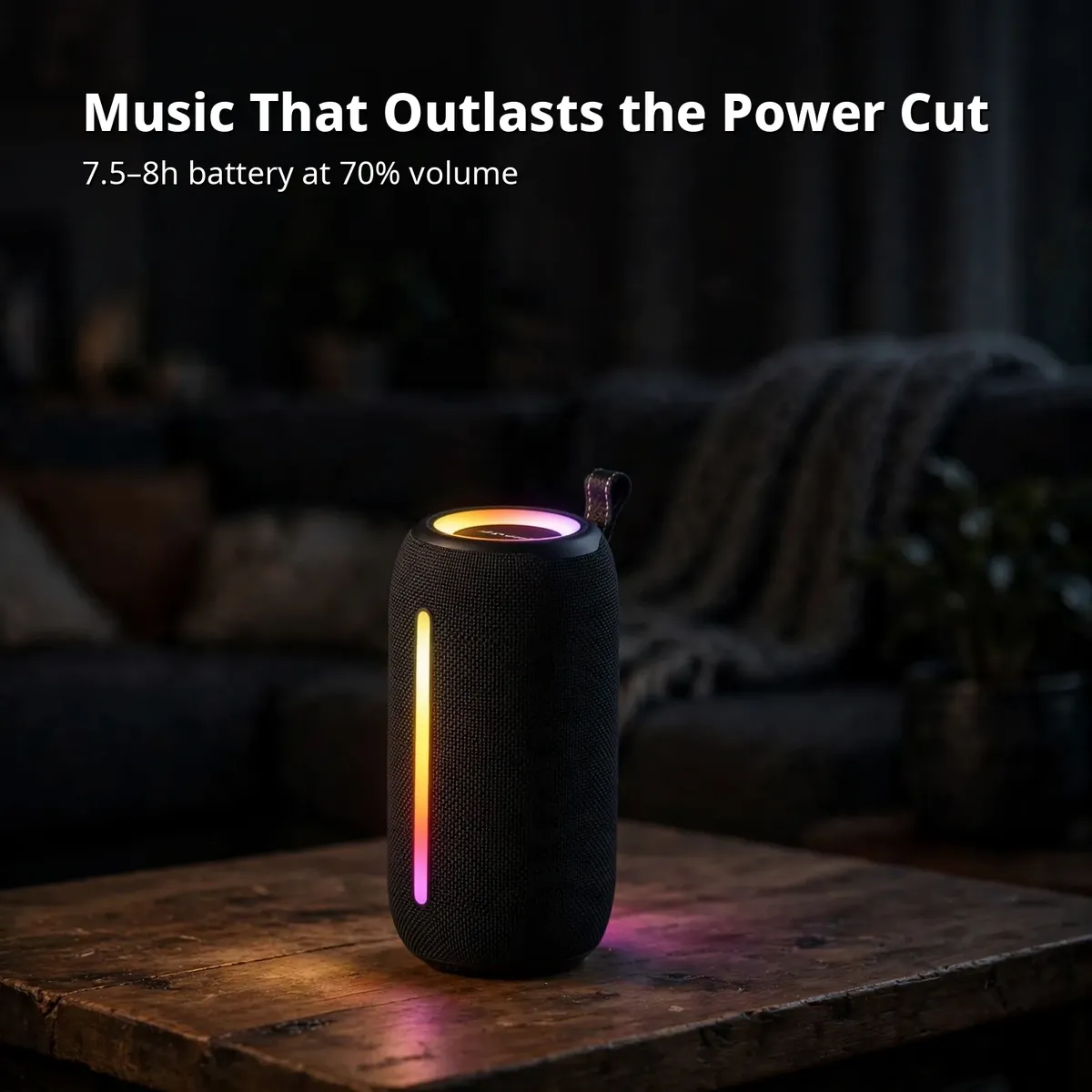 Awei Y788 on a wooden table with music that outlasts the power cut card