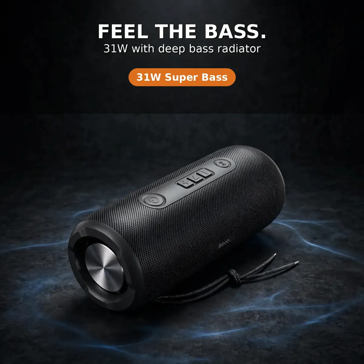 Hoco DS100 power card reading 31W with deep bass radiator on dark studio backdrop