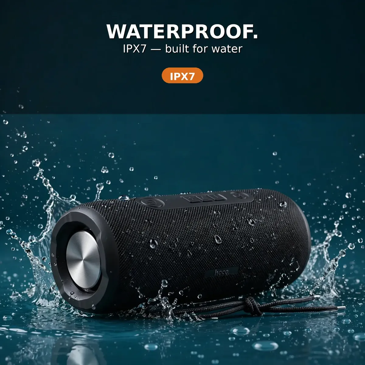 Hoco DS100 IPX7 card reading IPX7 built for water with water splash on deep-blue backdrop