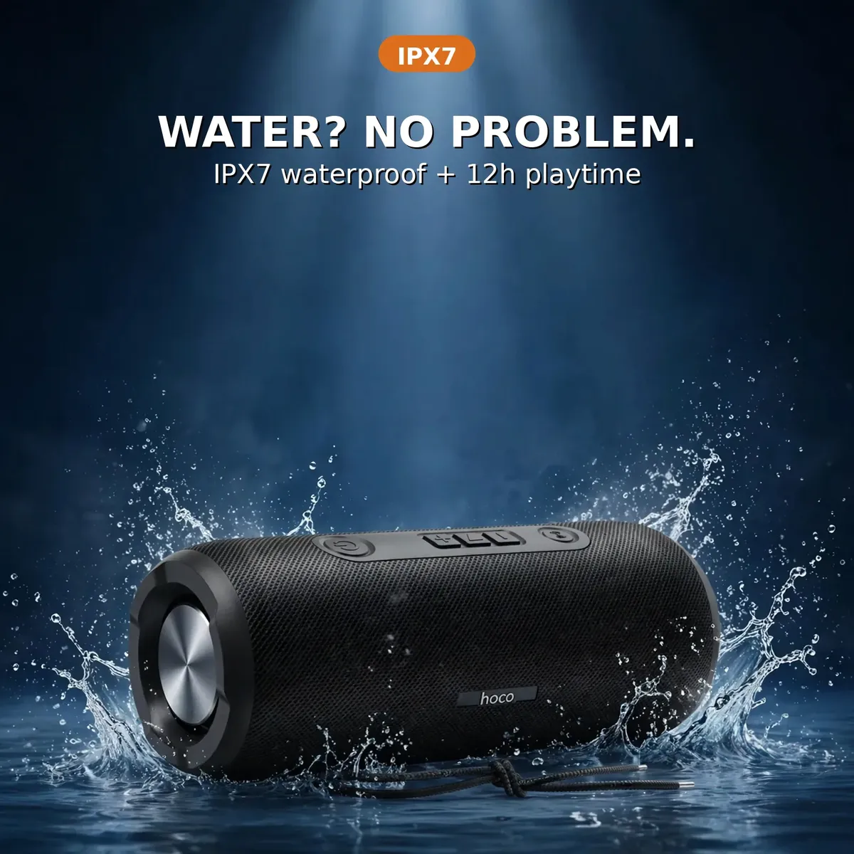 Hoco DS100 promo shot reading Water No problem — IPX7 waterproof plus 12h playtime on dramatic blue backdrop