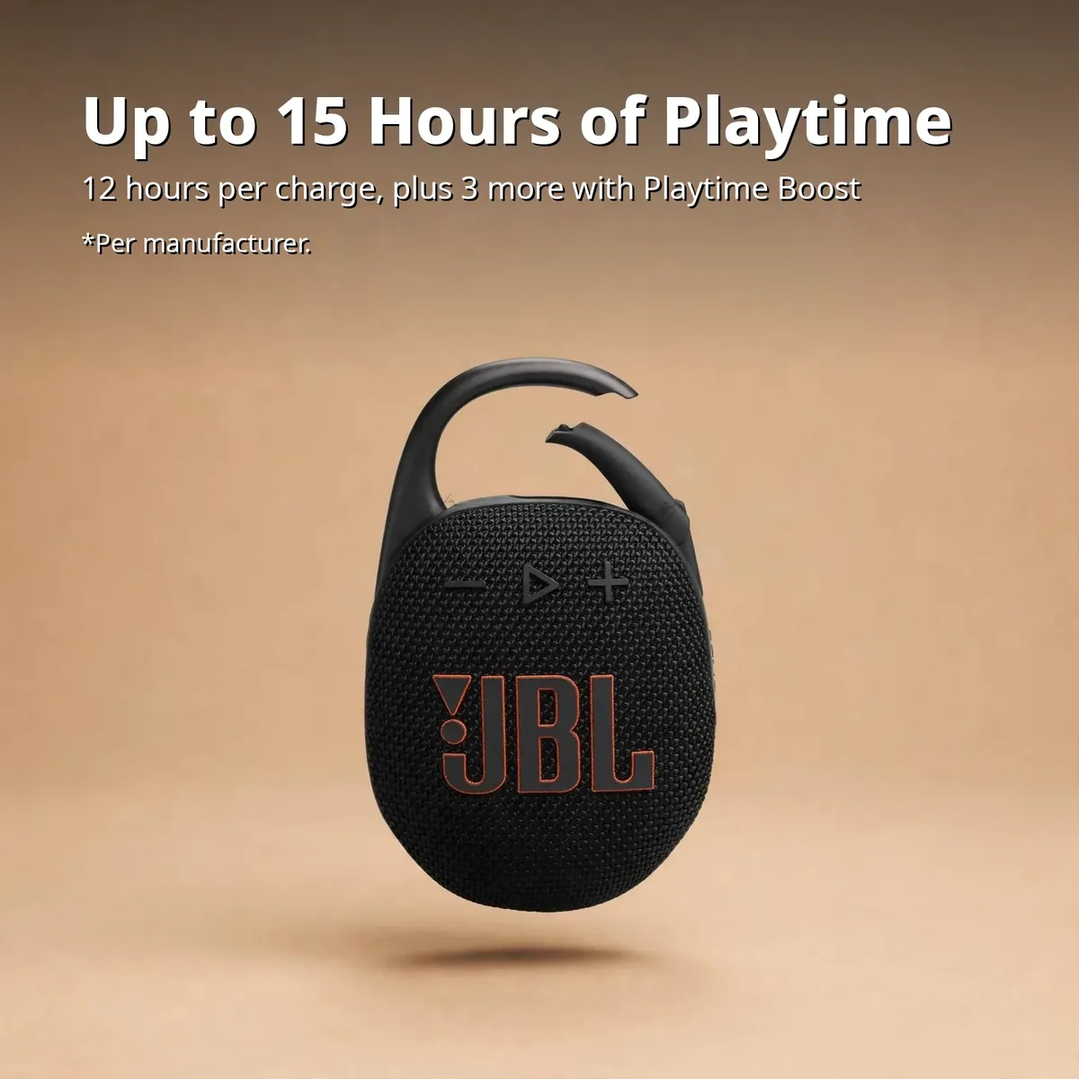 JBL Clip 5 battery card — Up to 15 Hours of Playtime. 12 hours per charge, plus 3 more with Playtime Boost. Per manufacturer.