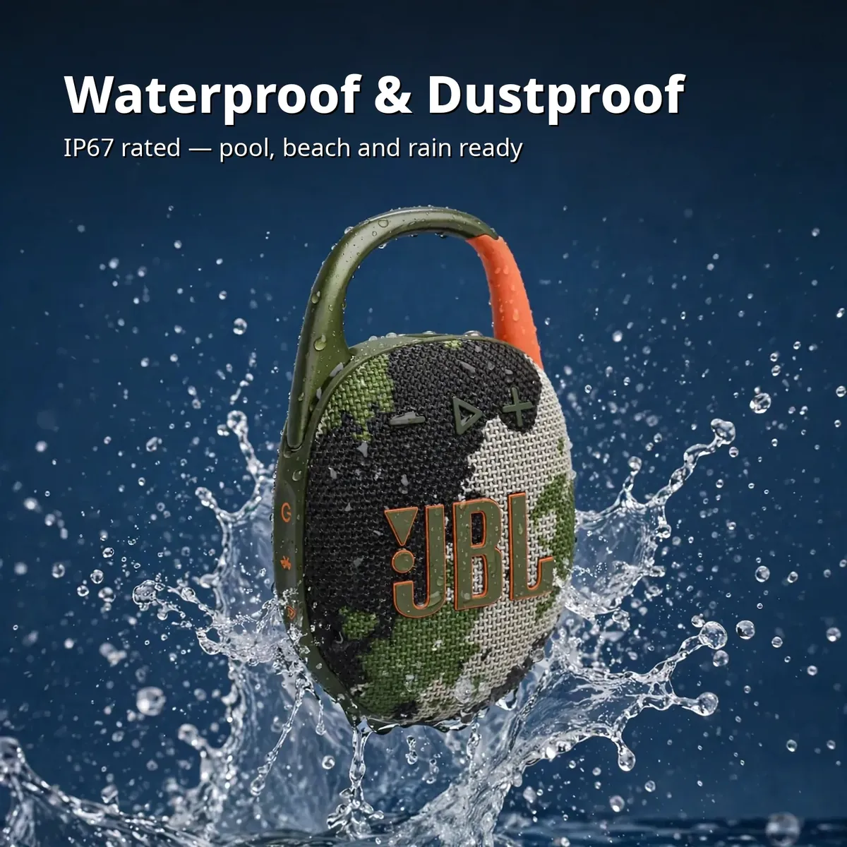 JBL Clip 5 waterproof card — Waterproof & Dustproof. IP67 rated — pool, beach and rain ready.