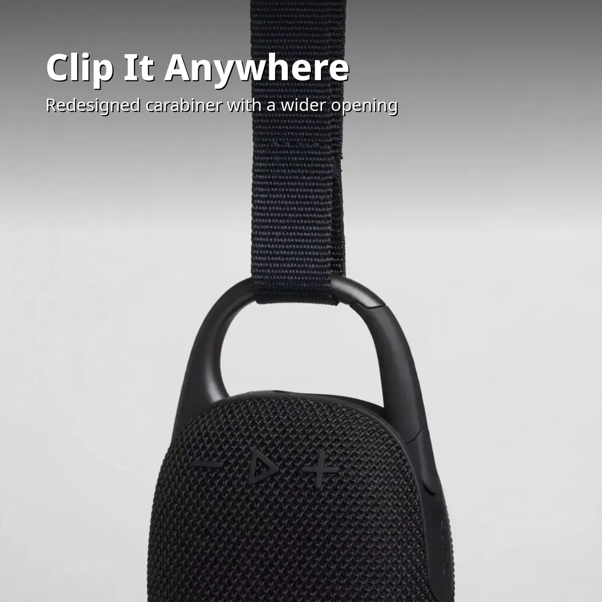 JBL Clip 5 carabiner card — Clip It Anywhere. Redesigned carabiner with a wider opening.