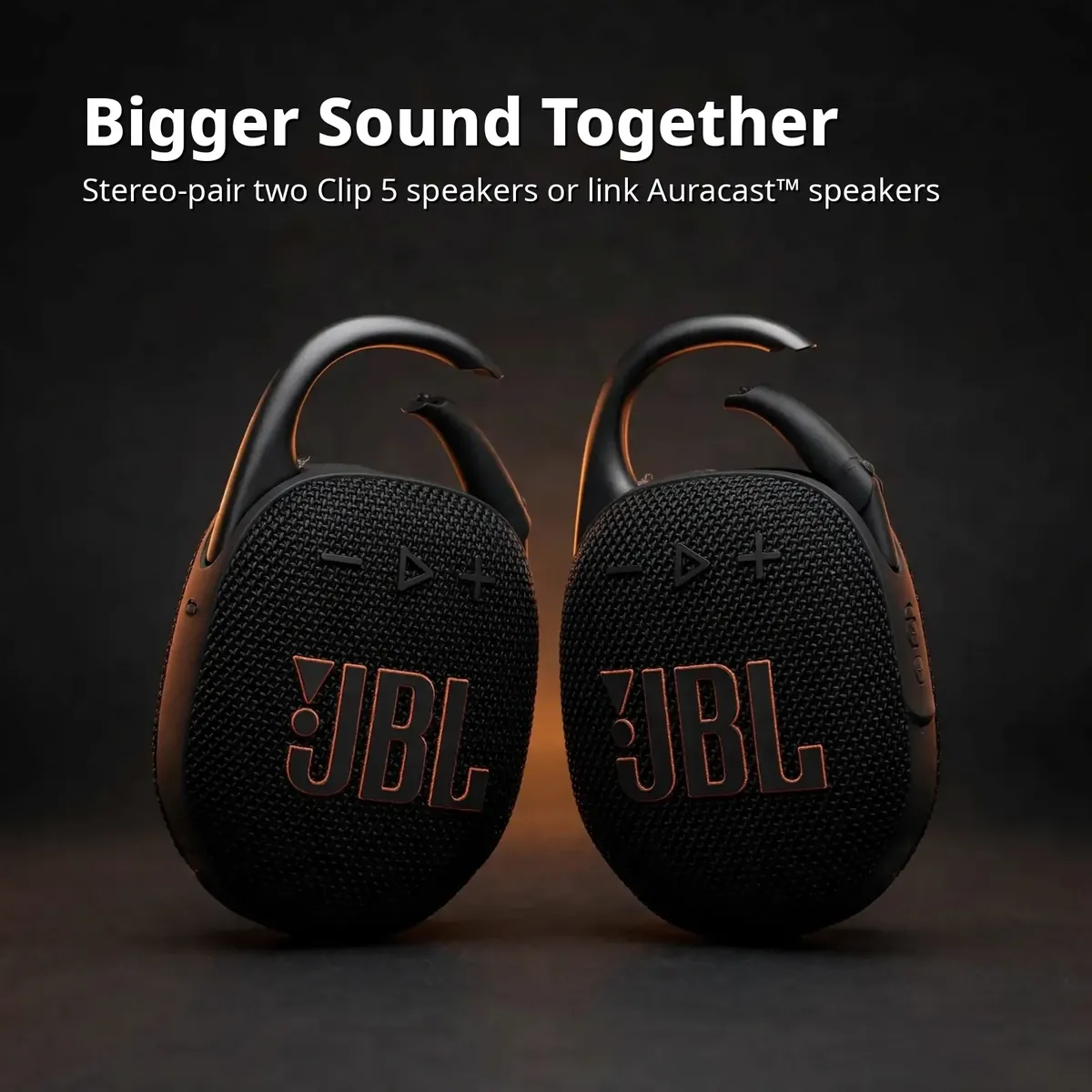 JBL Clip 5 Auracast card — Bigger Sound Together. Stereo-pair two Clip 5 speakers or link Auracast-enabled speakers.