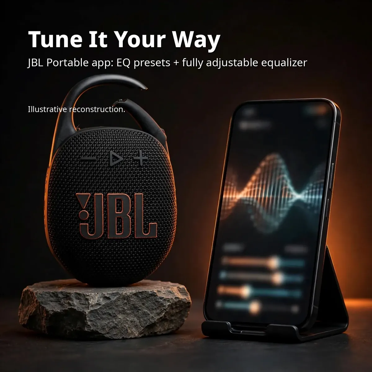 JBL Clip 5 app infographic — Tune It Your Way. JBL Portable app: EQ presets plus fully adjustable equalizer. Illustrative reconstruction.