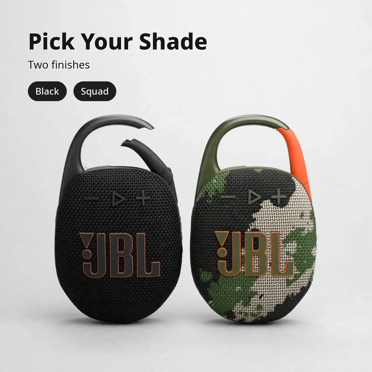 JBL Clip 5 colors card — Pick Your Shade. Two finishes: Black and Squad (camo).
