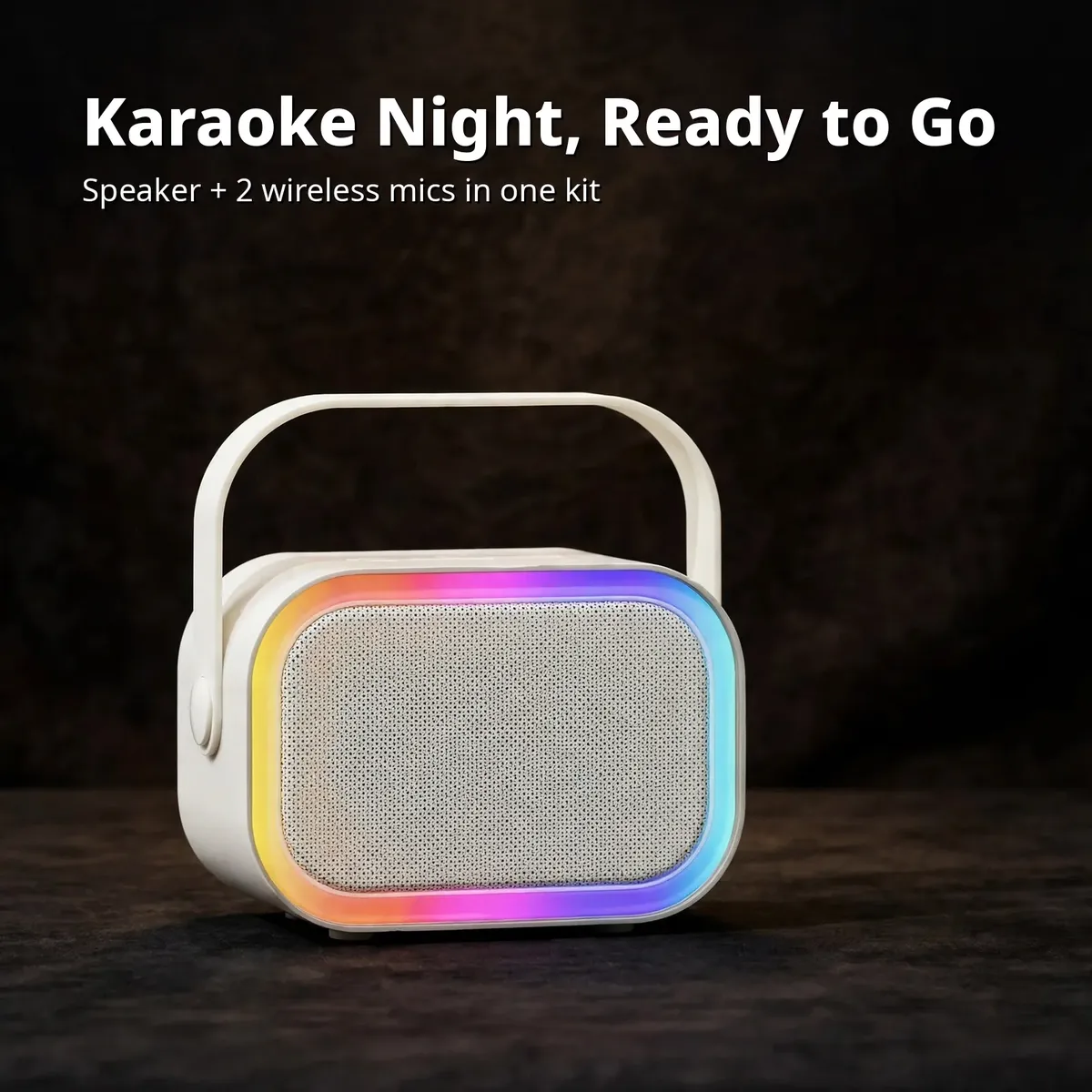 Philips TAS2808 karaoke kit card showing the speaker with two wireless microphones