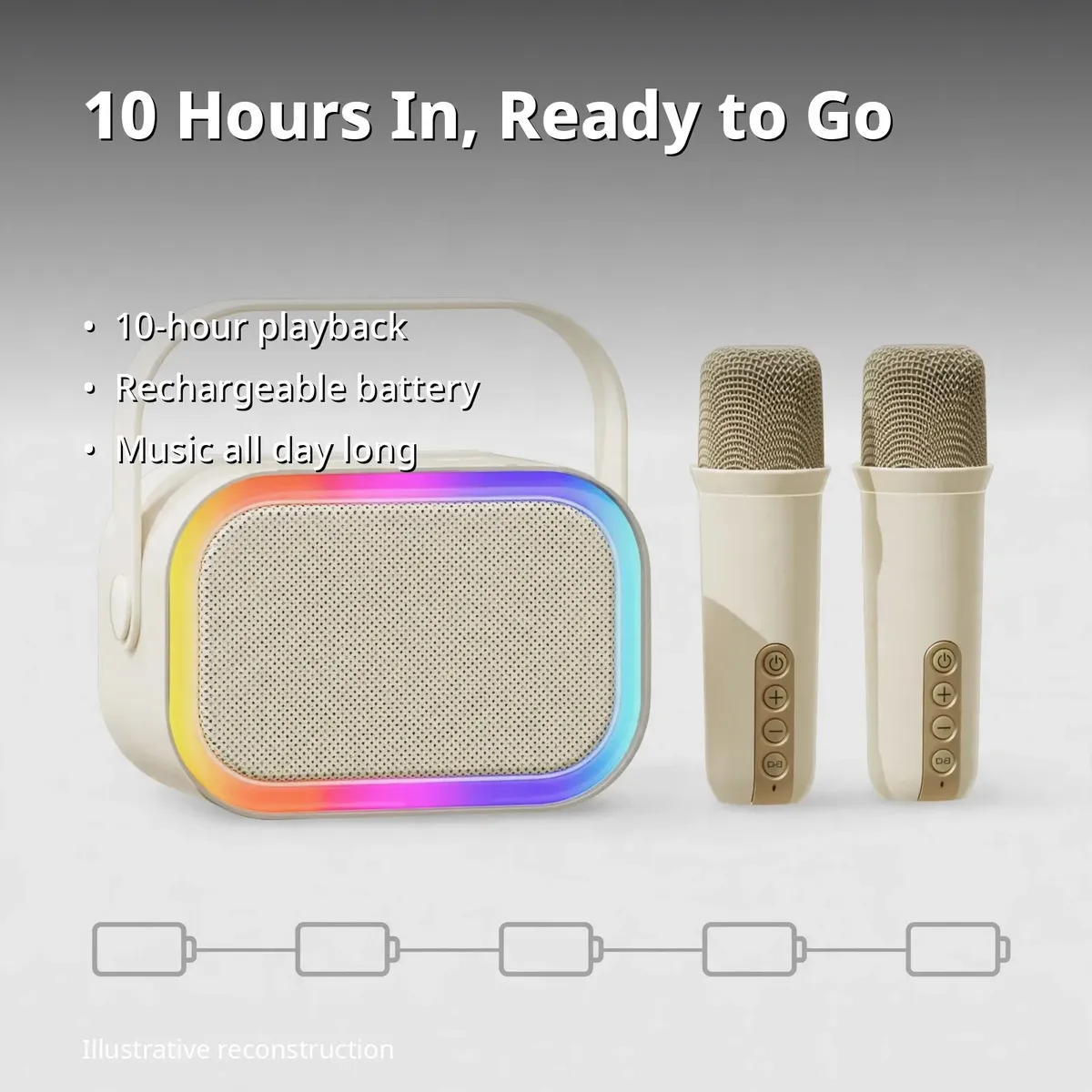 Philips TAS2808 battery infographic showing 10-hour playback with rechargeable battery