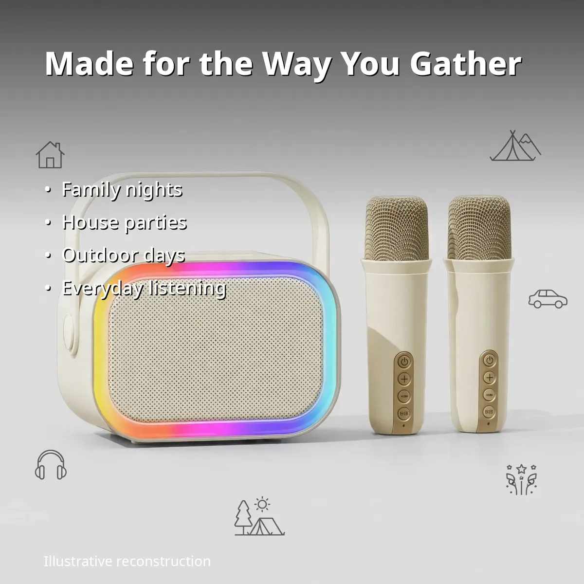 Philips TAS2808 use-cases infographic showing family nights, house parties and outdoor days with the kit