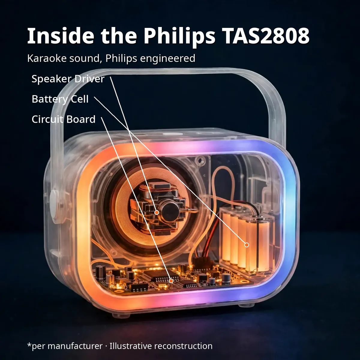 X-ray view inside the Philips TAS2808 showing speaker driver, battery cell and circuit board