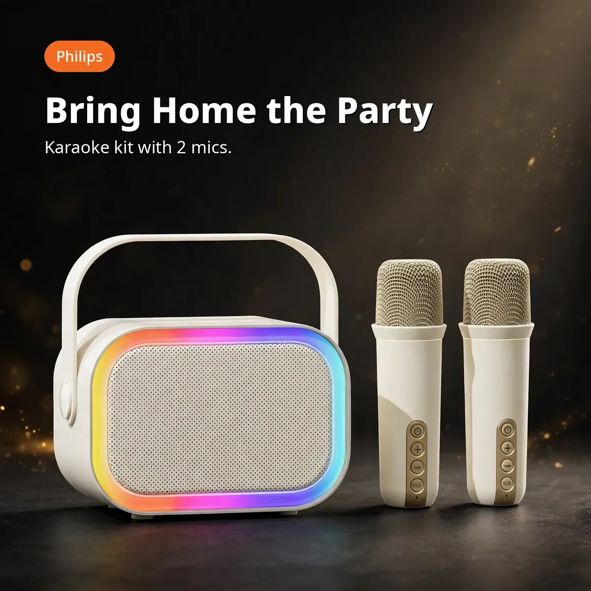 Philips TAS2808 party promo showing the karaoke kit with two microphones