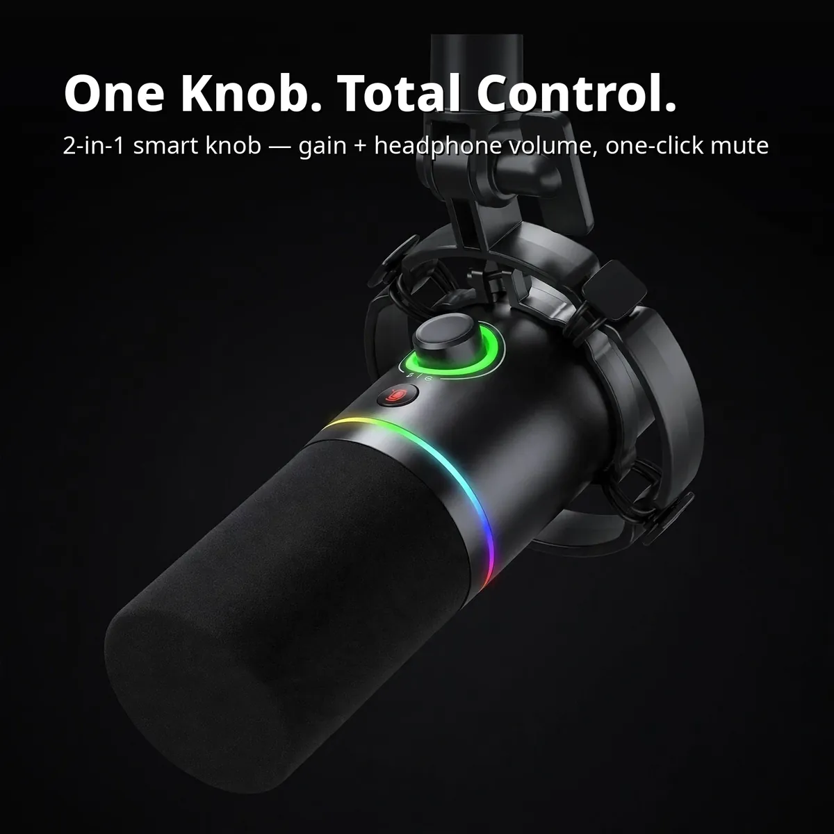 MAONO PD200X close-up of the 2-in-1 smart control knob with its glowing LED ring — One Knob. Total Control. Mic gain + headphone volume, one-click mute